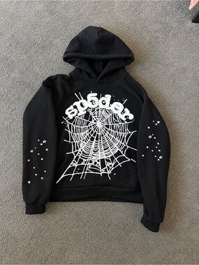 Sp5der Black Hoodie – Graphic Streetwear Pullover Size S
